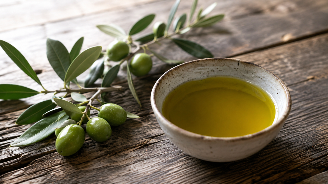 Olio extravergine d'oliva in ciotola con rami di ulivo - i benefici dell'olio EVO per la salute