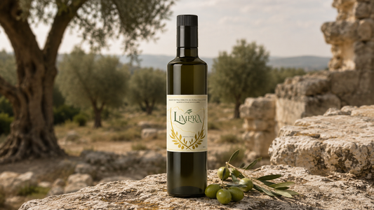 Bottiglia di Olio Limera extravergine monocultivar Nocellara del Belice su pietra siciliana con ulivi sullo sfondo