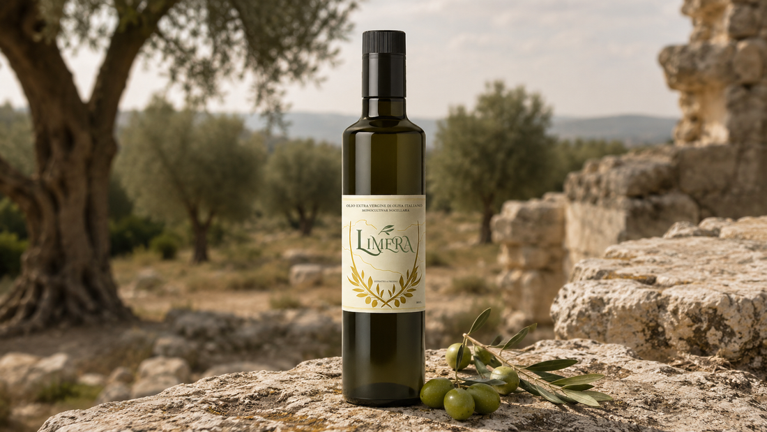 Bottiglia di Olio Limera extravergine monocultivar Nocellara del Belice su pietra siciliana con ulivi sullo sfondo