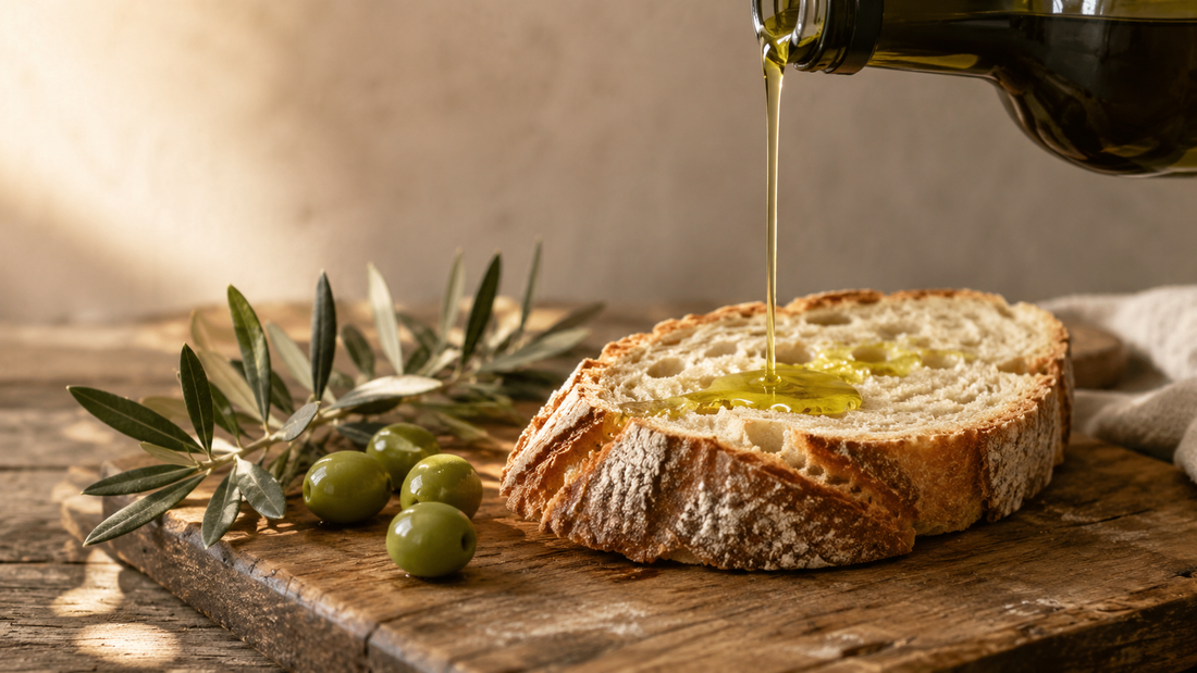 Olio extravergine d'oliva versato su pane rustico - come usare l'olio EVO di qualità in cucina