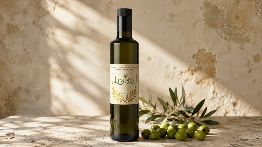 Bottiglia di Olio Limera extravergine Nocellara del Belice con olive fresche - guida per riconoscere un olio di qualità