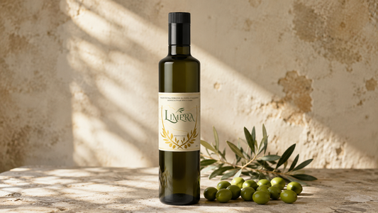 Bottiglia di Olio Limera extravergine Nocellara del Belice con olive fresche - guida per riconoscere un olio di qualità