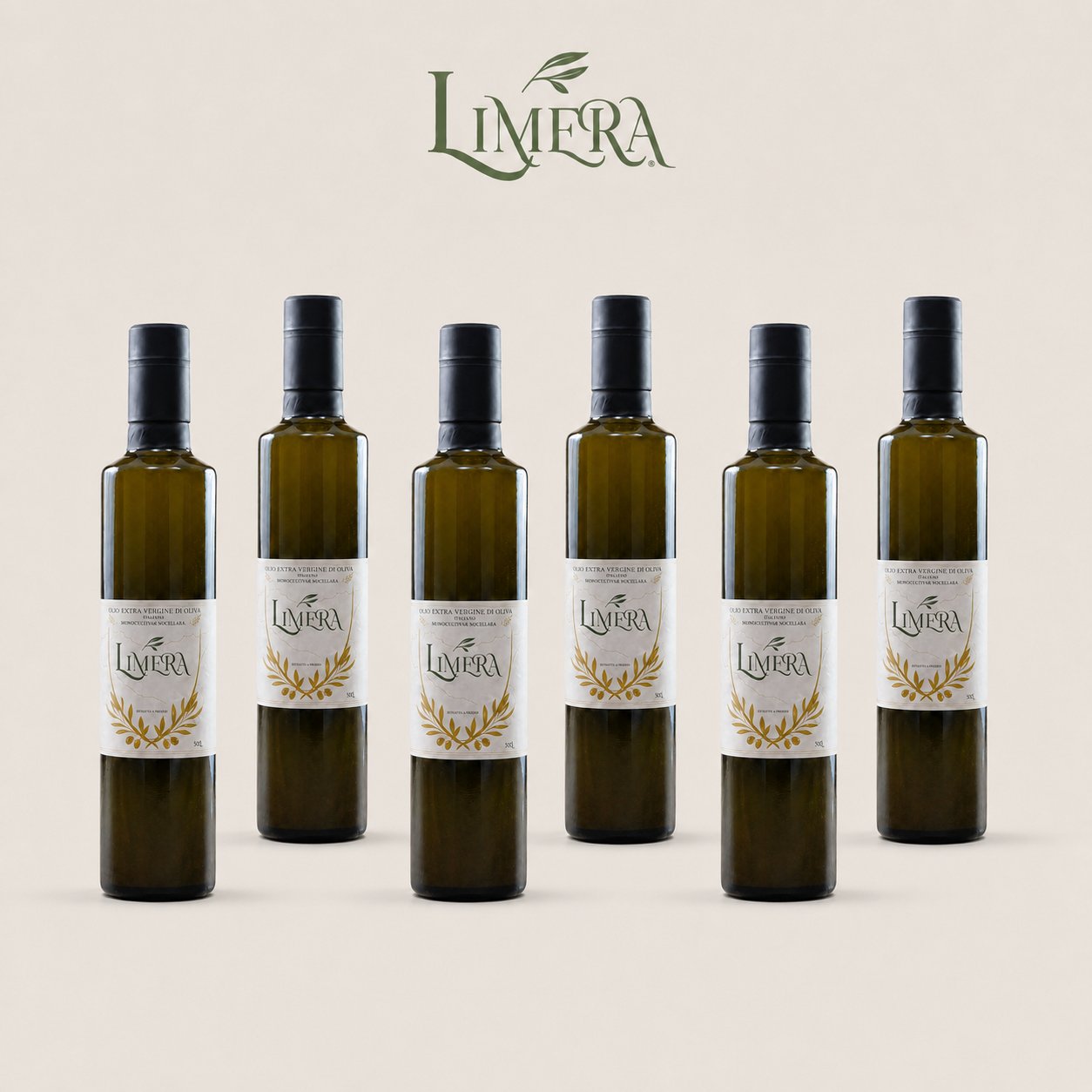 Confezione da sei bottiglie di Olio Limera, extravergine di oliva Monocultivar Nocellara siciliano da 50 cl